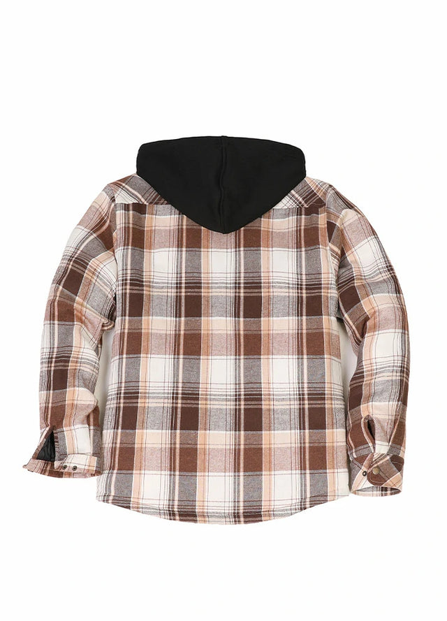 Back view of brown white men's snap button flannel jacket with quilted lining