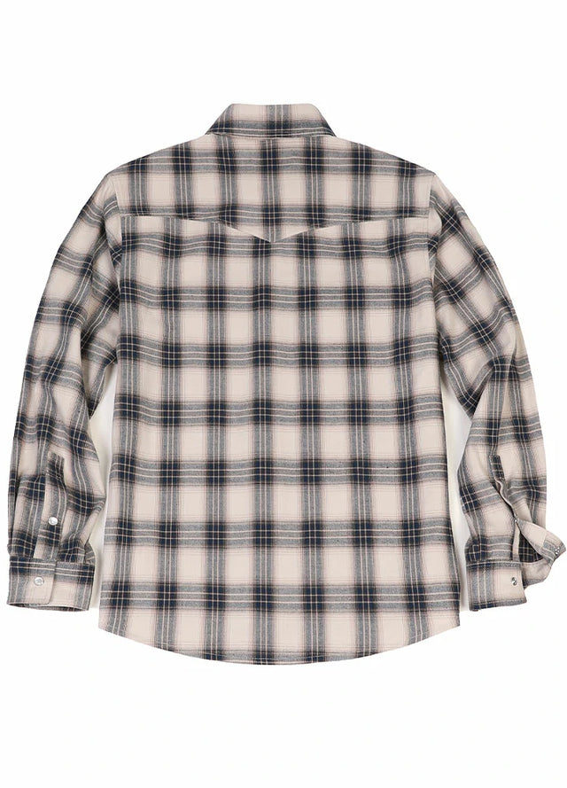 Back view of beige gray men's plaid long sleeve shirt