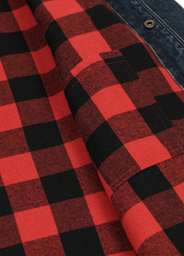 Close-up of the innerpocket of indigo men's denim outdoor shirt jacket with flannel lining