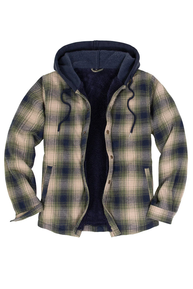 Front view of tea green men's hooded flannel jacket