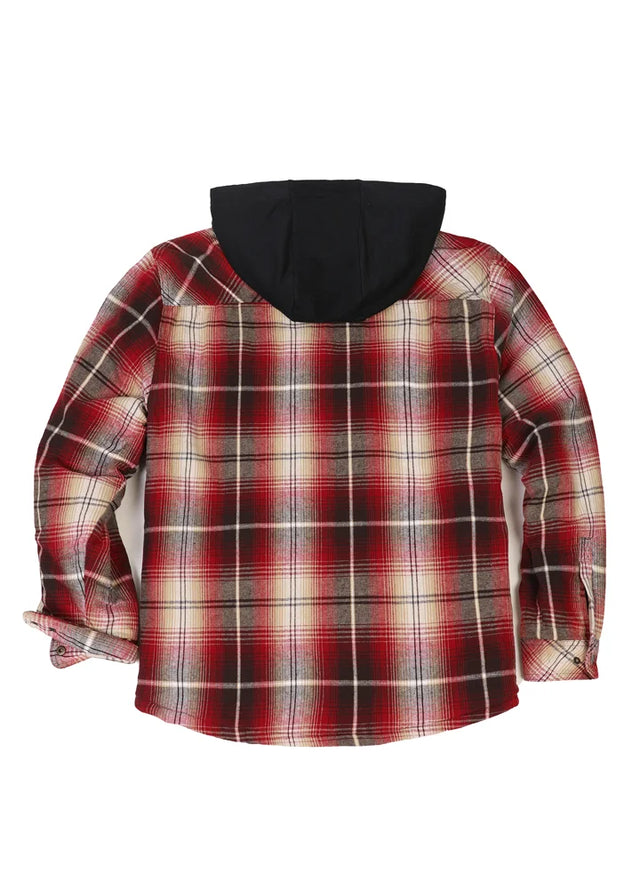 Back view of kids red snap button hooded flannel shirt jacket-XR1121HY-S,XR1121HY-M,XR1121HY-L,XR1121HY-XL