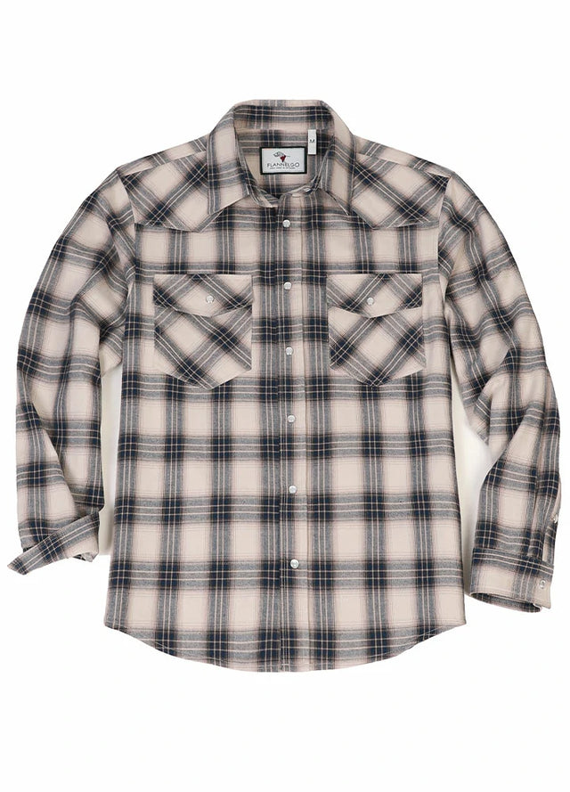 Front view of beige gray men's plaid long sleeve western shirt