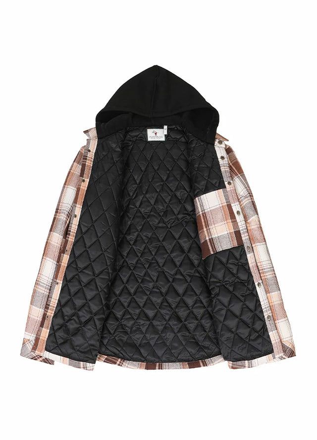 Front view of the lining of brown white men's flannel shacket with quilted lining