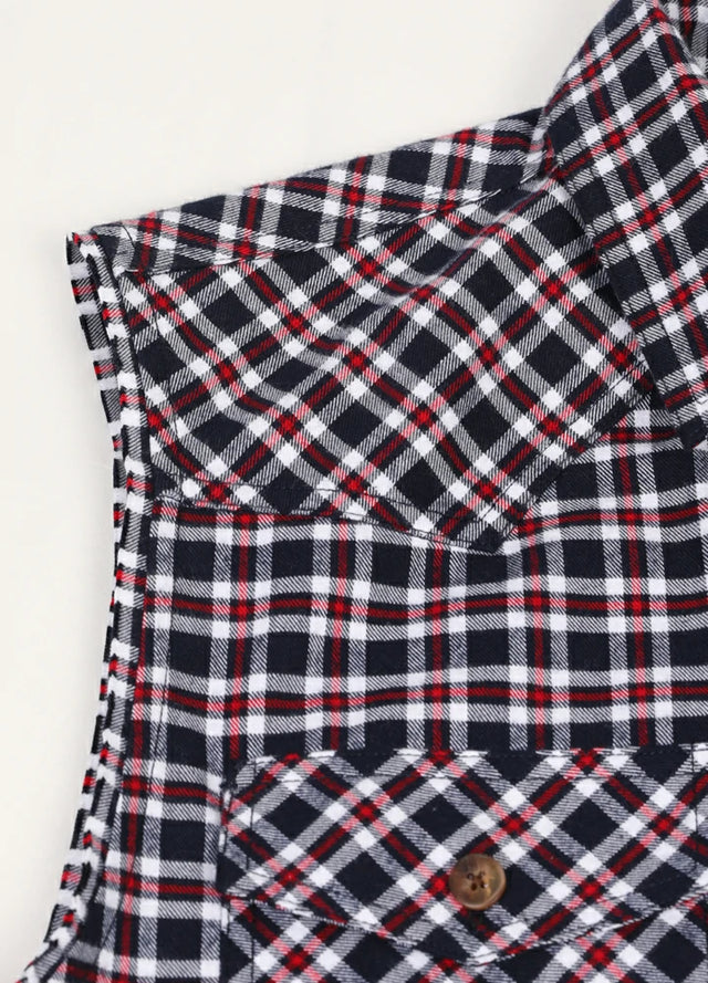 Detail of sleeveless on men's navy red flannel cotton plaid vest