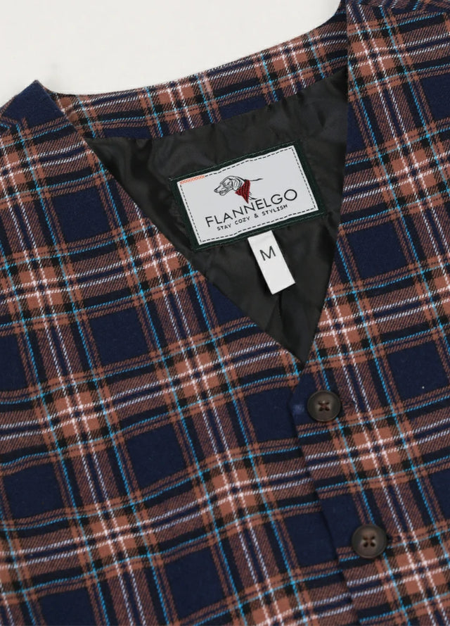 Detailed close-up of the collar on kids navy brown suit vest