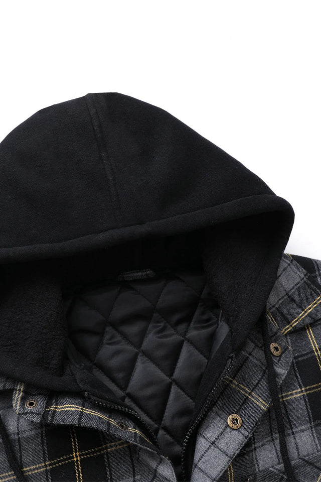Close-up of the hood of gray gold men's thick plaid hooded flannel jacket