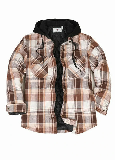 Front view of a brown white men's flannel shacket with quilted lined