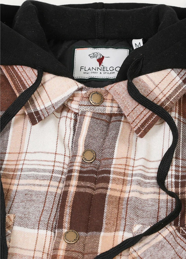 Close-up of the hood of brown white men's flannel hooded jacket with quilted lining