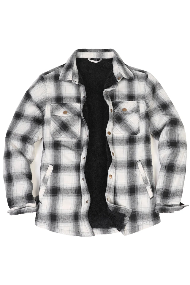 Front view of white and black men's soft snap button flannel checked jacket