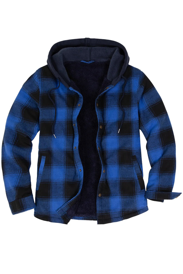 Front view of black blue men's hooded flannel plaid shirt jacket