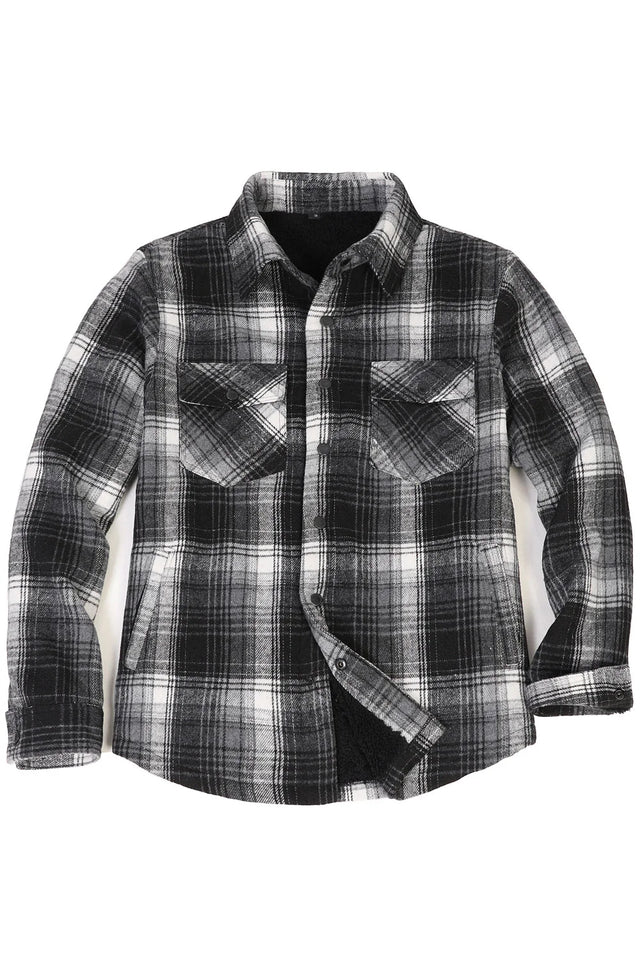 Front view of black white grey men's snap button flannel jacket with snap button closed