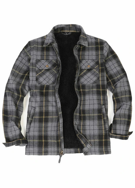 Front view of black and gray men's fleece lined flannel plaid shirt jacket