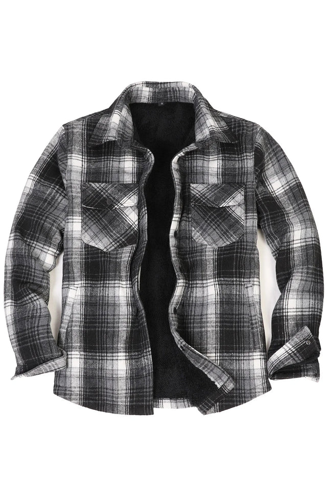 Front view of black white grey men's snap button flannel plaid shacket