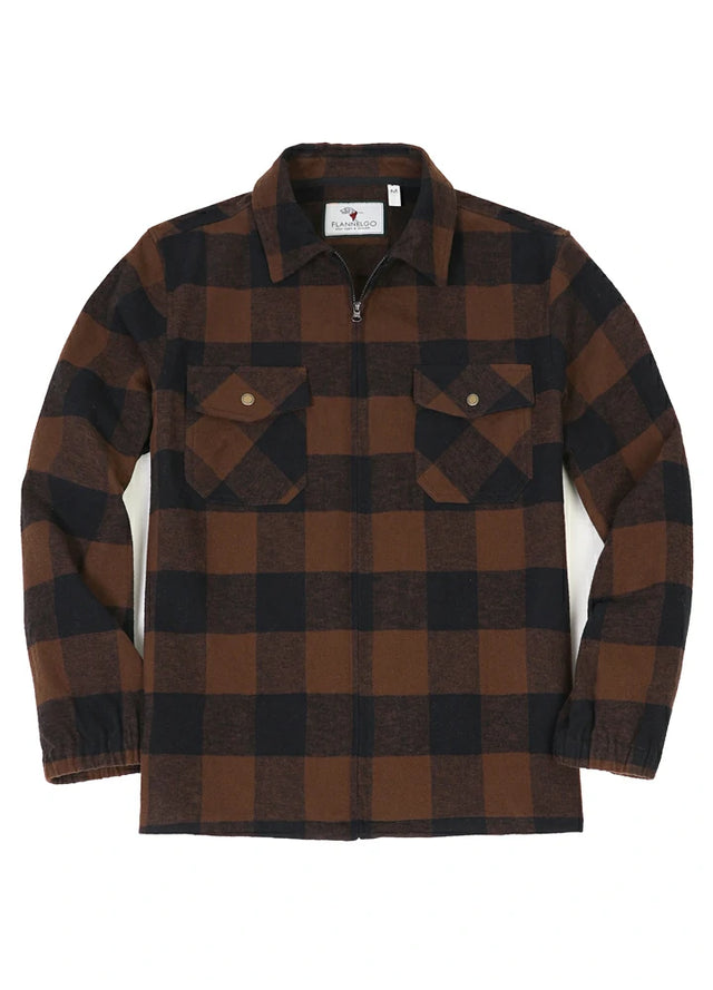 Front view of the zipper closed of the mocha men's warm zip up plaid jacket