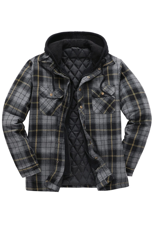 Front view of gray gold men's warm thicken plaid hooded flannel shirt jacket
