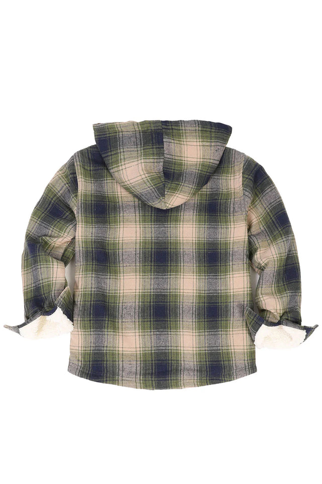 Back view of girls tea green plaid flannel shirt jacket