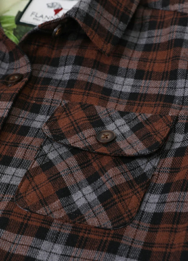 Detail of men's greent flannel plaid shirt chest pockets
