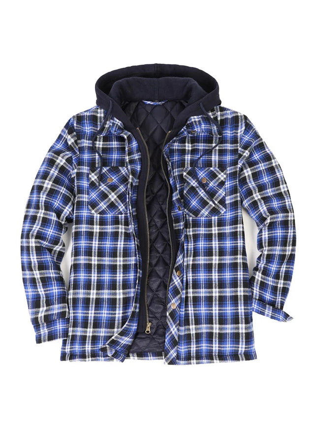 Front view of a blue white men's cozy thick plaid hoode flannel shirt jacket