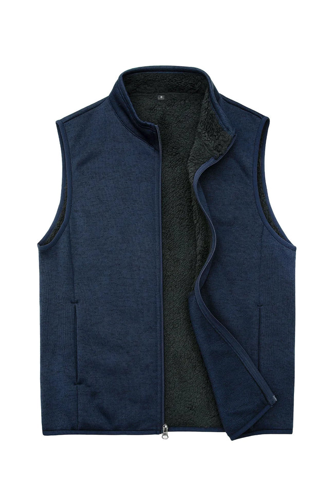 Front view of dark blue men's sweater fleece vest