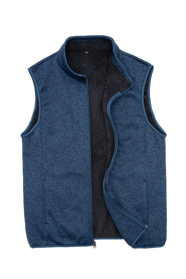 Front view of navy men's sweater fleece vest