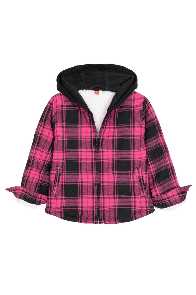 Front view of pink toddler full zip plaid flannel hooded