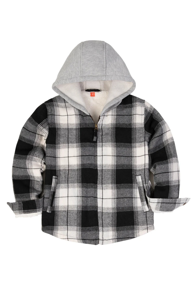 Front view of black and white toddler full zip plaid flannel hooded