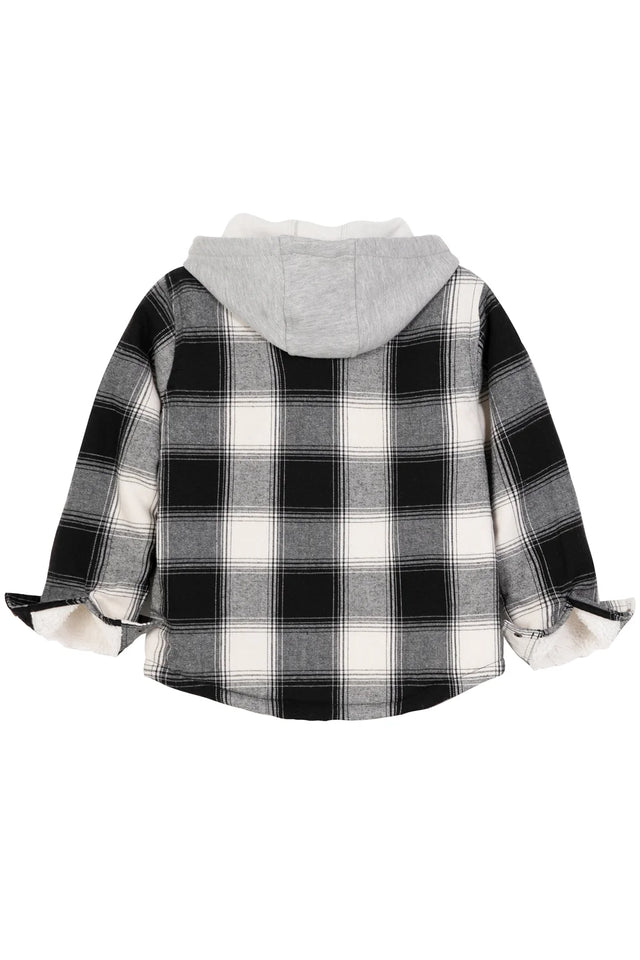 Back view of gray black toddler sherpa lined snap flannel plaid hoodie