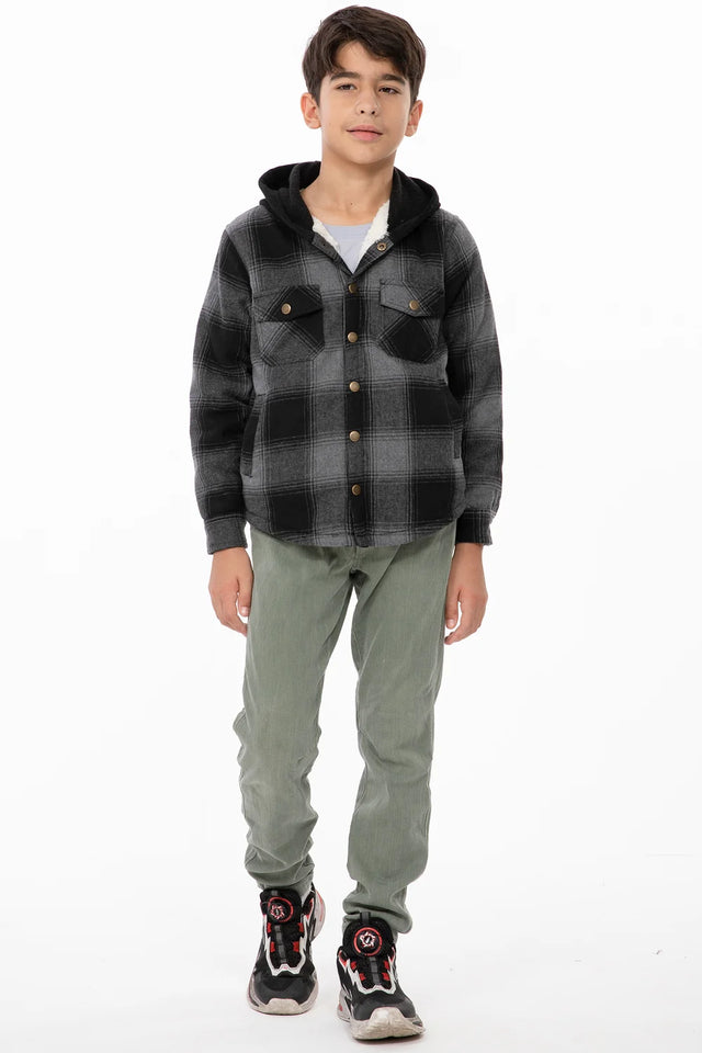 Boy in kids buffalo grey hooded flannel jacket