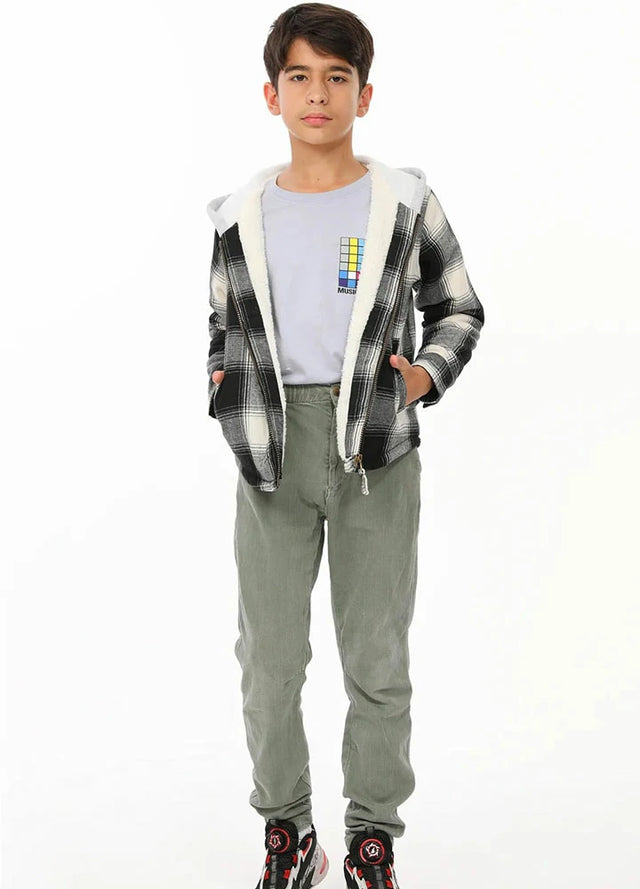 Boy in kids black white hooded plaid flannel jacket