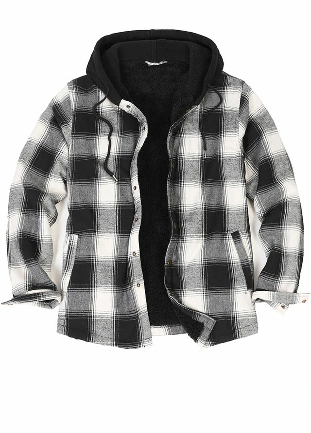 Front view of black white men's flannel jacket with hood
