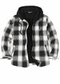 Front view of black white men's flannel jacket with hood