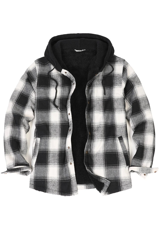 Front view of black white men's flannel jacket with hood