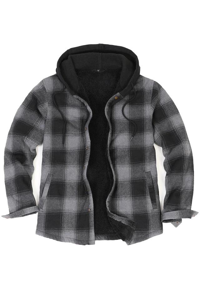 Front view of buffalo grey men's hooded flannel shirt jacket with snap button
