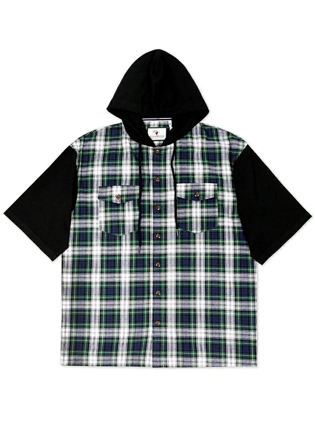 Front view of a green and blue men's hooded plaid flannel shirt