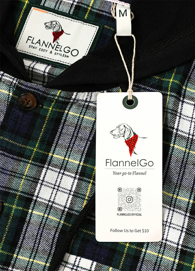 Detail view of the hangtag of a green blue men's plaid flannel shirt