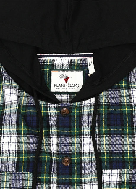 Close-up of the hood of the green and blue men's hooded plaid flannel shirt