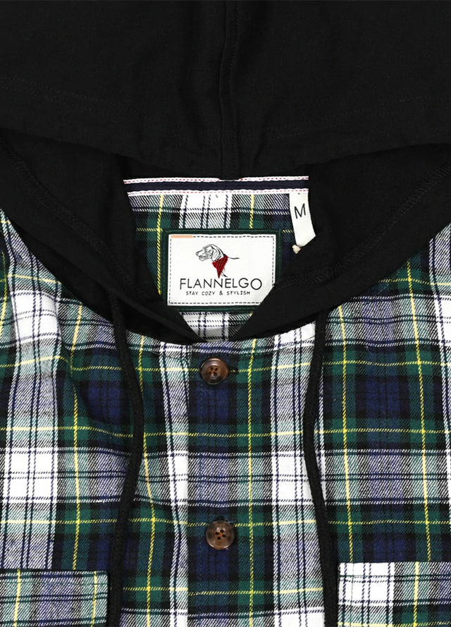 Close-up of the hood of the green and blue men's hooded plaid flannel shirt