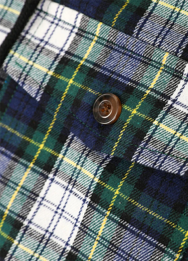 Close-up of the pocket of a green blue men's plaid hooded flannel shirt