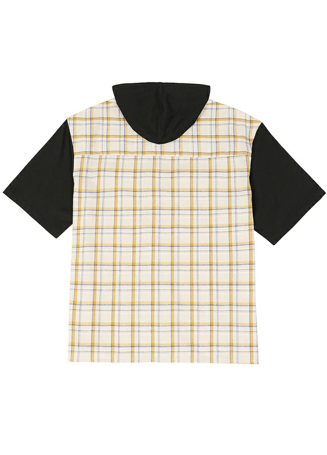 Vintage Hooded Plaid Flannel Shirt - Streetwear Short Sleeve Hoodie