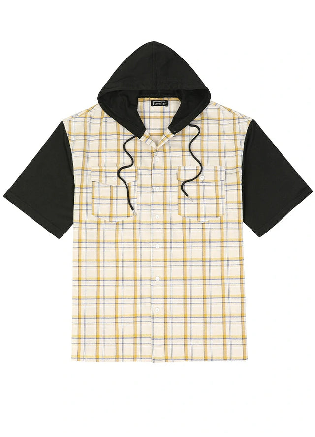 Vintage Hooded Plaid Flannel Shirt - Streetwear Short Sleeve Hoodie