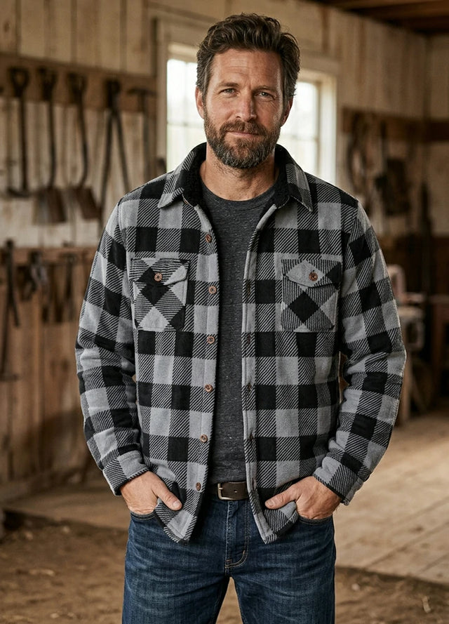 Lifestyle view of a man wearing grey men's warm sherpa lined plaid shirt jacket-XR101GS0S,XR101GS0M,XR101GS0L,XR101GS0XL,XR101GS0XXL,XR101GS03XL