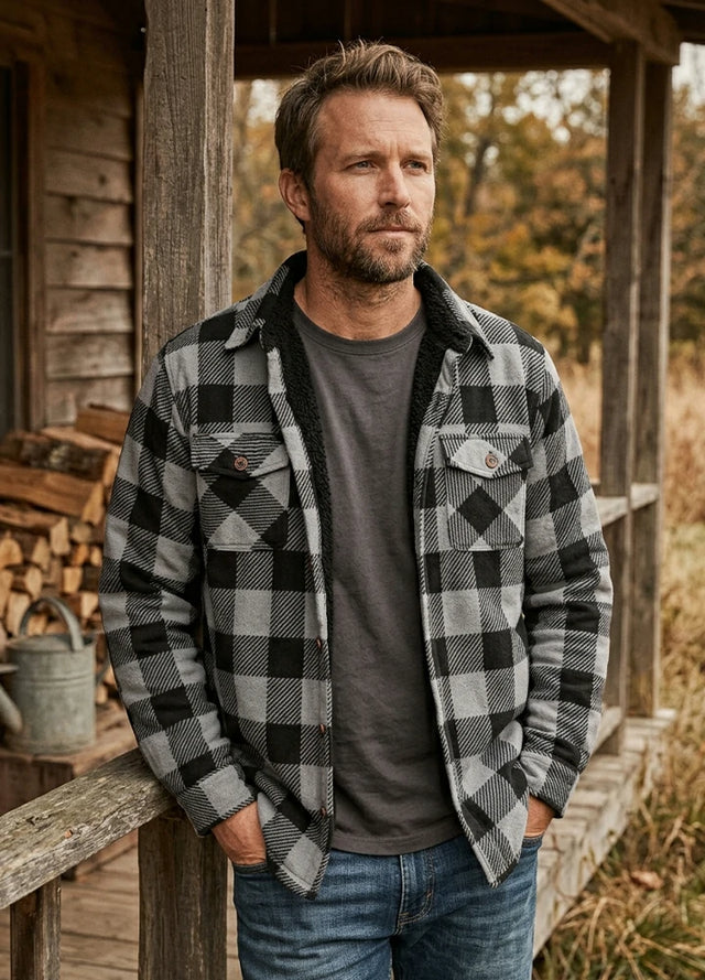 Lifestyle view of a man wearing men's warm sherpa lined plaid shirt jacket-XR101GS0S,XR101GS0M,XR101GS0L,XR101GS0XL,XR101GS0XXL,XR101GS03XL