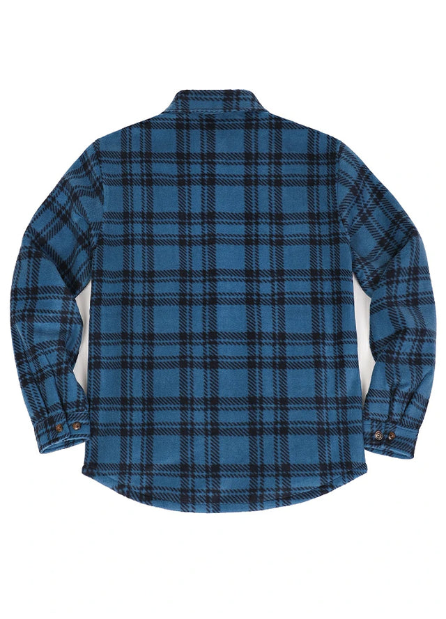 Back view of a blue and gray men's classic fleece lined shirt jacket