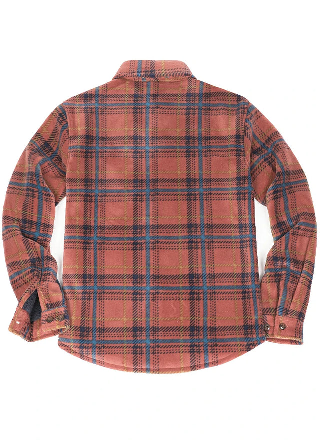 Back view of a red and blue men's sherpa lined shirt jacket