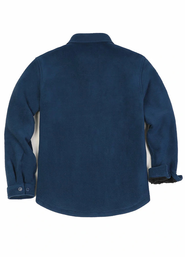 Back view of a dark blue men's outdoor sherpa lined fleece shirt jacket