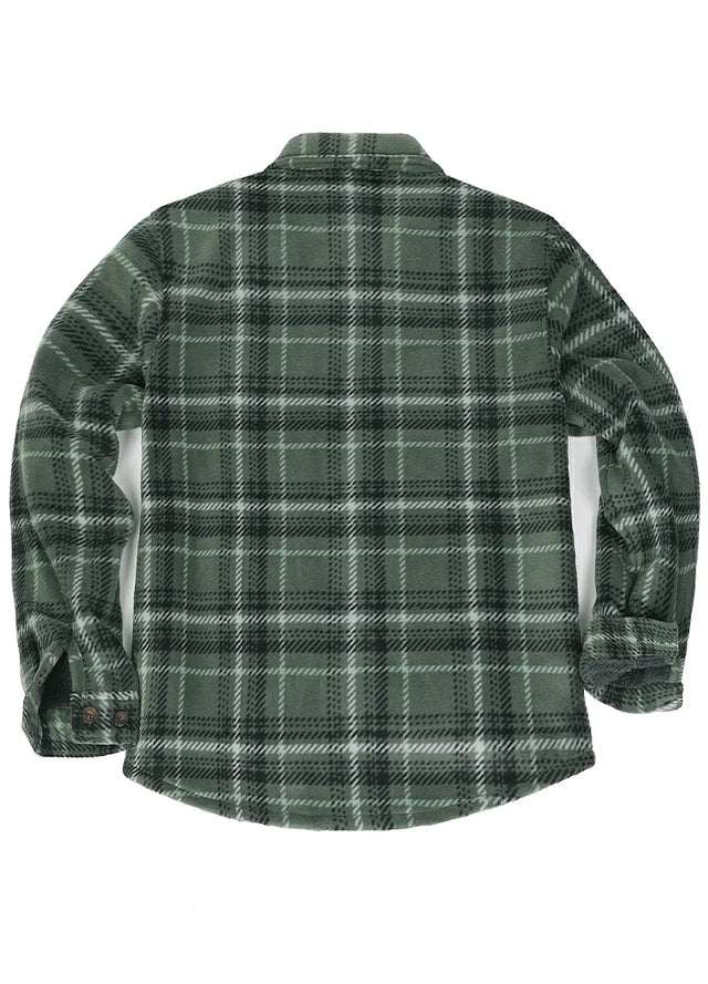 Back view of a green gray men's warm plaid shirt jacket