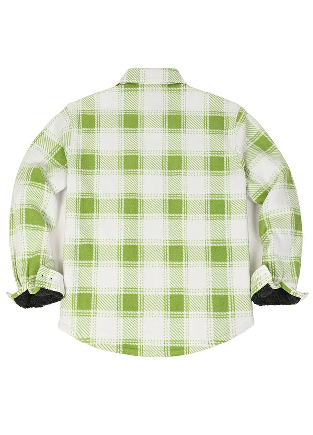 Back view of a green white men's warm plaid shirt jacket