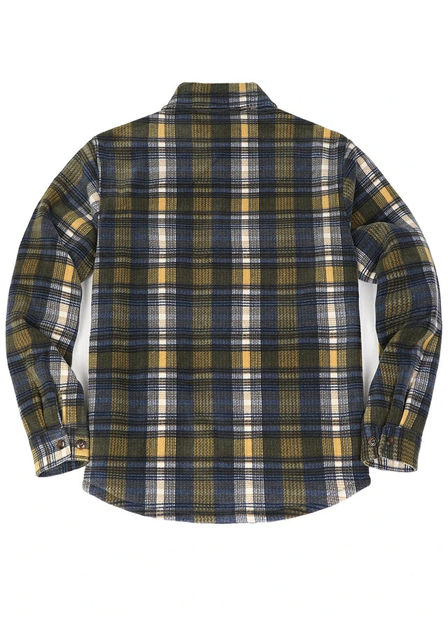 Back view of a navy yellow classic plaid jacket for men