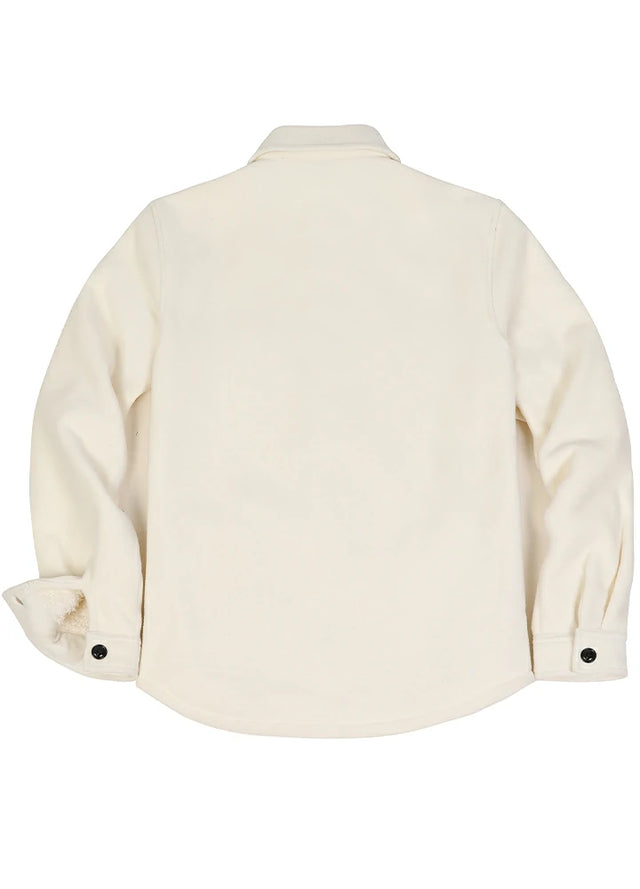 Back view of a solid white men's warm button up fleece shirt jacket