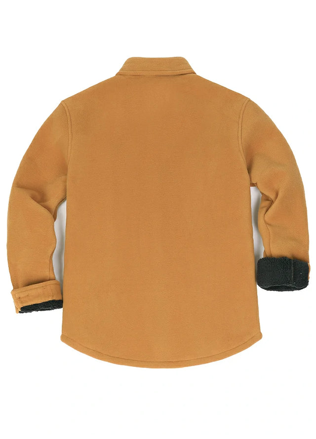 Back view of men's yellow fleece lined plaid shirt jacket